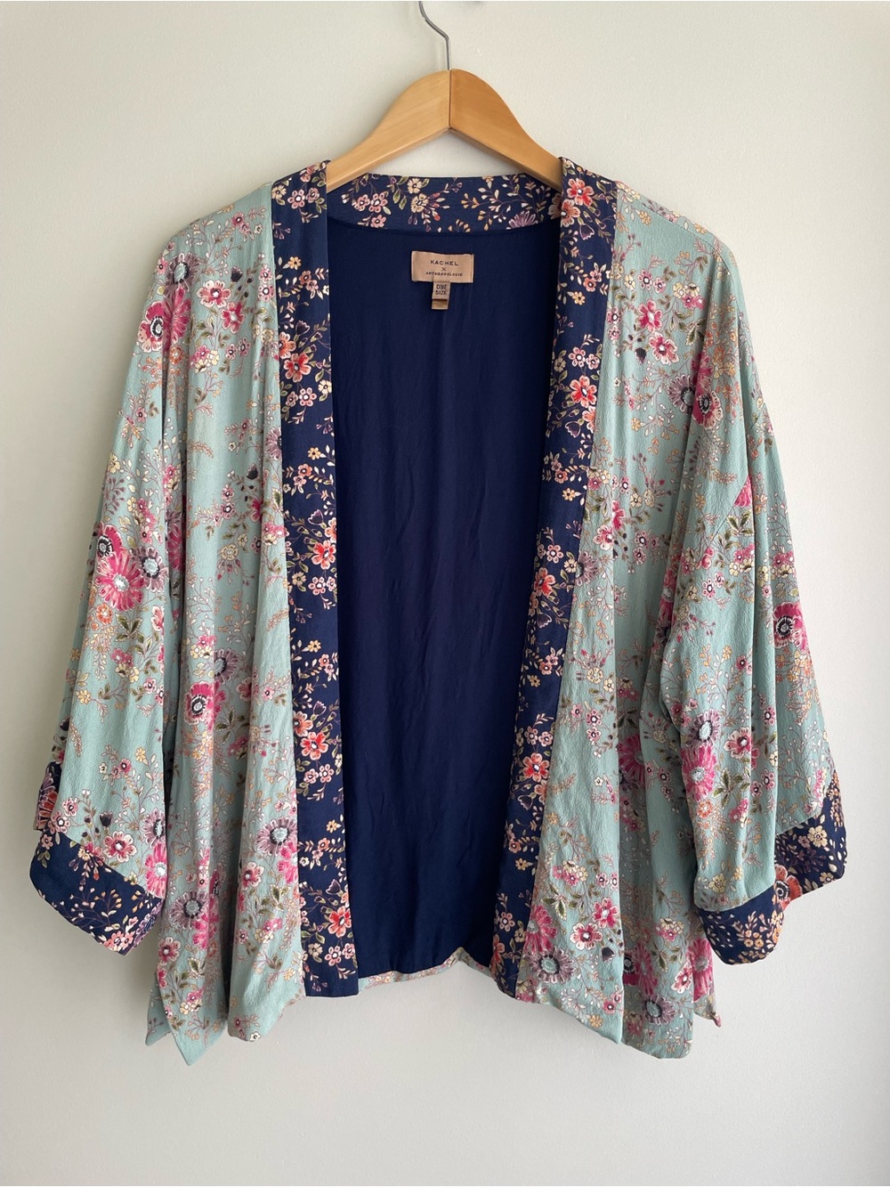 Anthropologie x Kachel Floral Open-Front Boho Kimono Cardigan - Mint & Navy